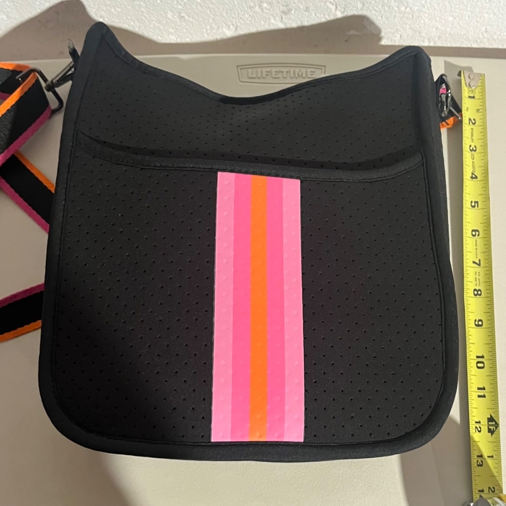 Scuba Fabric Black Crossbody Bag Pink Stripe - Picture 5 of 5